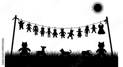 Silhouette Illustration of Dolls and Plush Toys on Clothesline