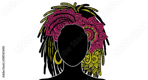 Black Woman Silhouette with Mandala Dreadlocks Vector Illustration