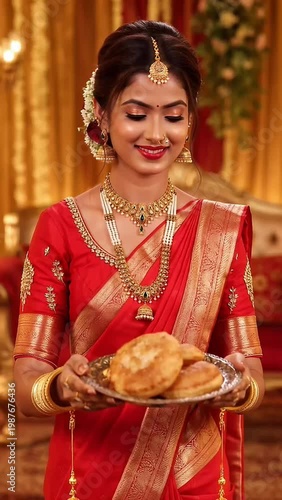 Beautiful Indian Woman in Red Saree Serving Traditional Puran Poli