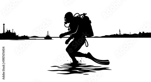 Scuba Diver Silhouette with Coastal Harbor and Ships Background