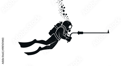 Minimalist Scuba Diver Silhouette with Speargun and Air Bubbles Vector