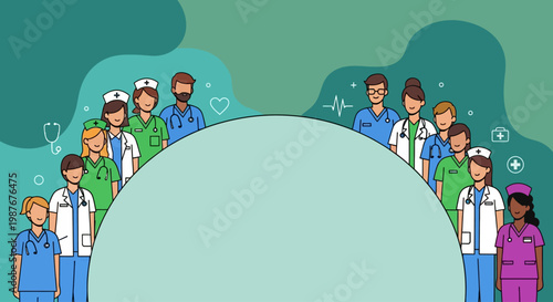 Large Multicultural Medical Team of Nurses and Doctors Standing Around a Semicircle Frame for International Nurses Day Banner in Flat Vector Style