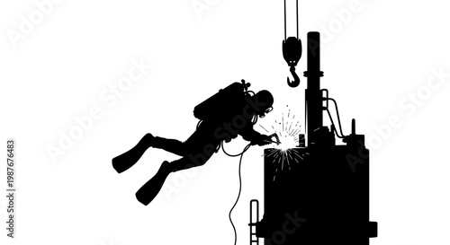 Silhouette of an Underwater Welder Working on Industrial Structure