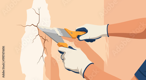 Handyman Repairing Wall Crack with Putty Knife Vector Illustration