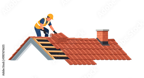Professional roofer installing clay tiles on house roof illustration
