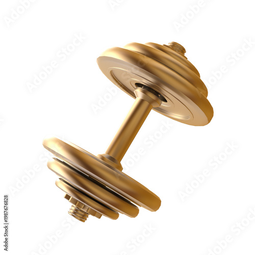 Golden dumbbell weight isolated on white background for fitness and exercise