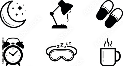 Black and white moon stars alarm clock lamp slippers sleeping mask and coffee cup vector icons