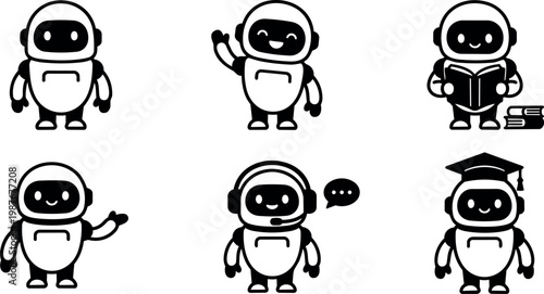 Black and white cute robot icons with headset books and graduation cap