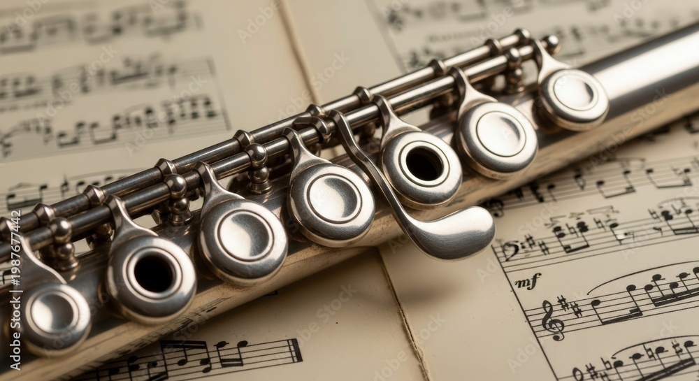 Fototapeta premium Flute Instrument Music Sheet Closeup.