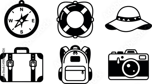 Black and white travel icons compass lifebuoy hat suitcase backpack camera