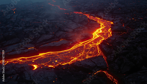 Molten magma flowing through cracked volcanic landscape with glowing lava rivers and dramatic smok