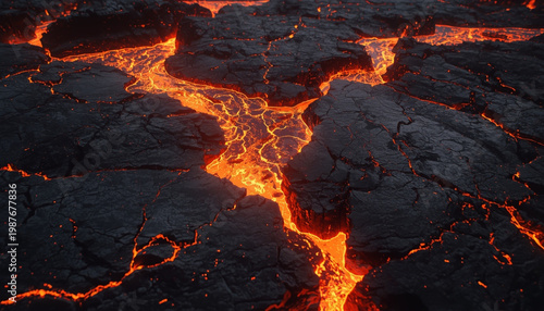Molten magma flowing through cracked volcanic landscape with glowing lava rivers and dramatic smok