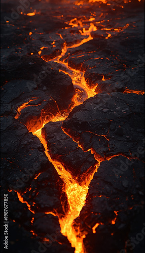 Molten magma flowing through cracked volcanic landscape with glowing lava rivers and dramatic smok