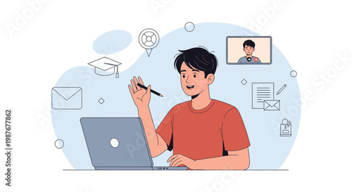 Young man learning online, waving hello on video call, laptop, graduation cap, email icons