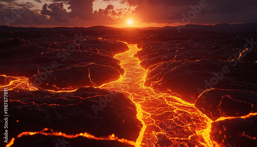 Molten magma flowing through cracked volcanic landscape with glowing lava rivers and dramatic smok