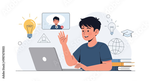 Young student learning online via video call on laptop, e-learning concept