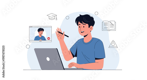 Young student learning online, video call with teacher, laptop, graduation cap, book