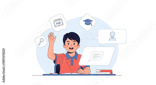 Young student raising hand in online class, eager to answer question, e-learning concept