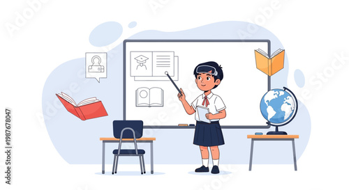 Young student teaching at whiteboard with globe and books, classroom illustration