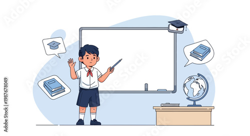 Young student pointing at whiteboard with books and globe, education concept