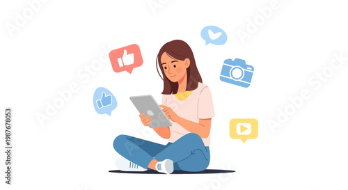 Young Woman Browsing Social Media on Tablet Surrounded by Icons