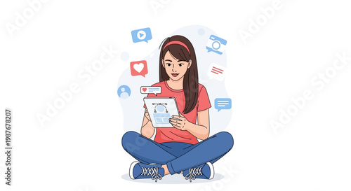 Young Woman Using Tablet with Social Media Icons Floating Around Her