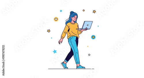 Young Woman Walking with Laptop, Digital Nomad Lifestyle, Modern Technology