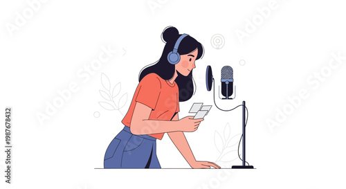Young woman with headphones recording podcast with microphone and notes