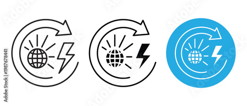 Renewable energy concept with globe sun and lightning bolt symbol