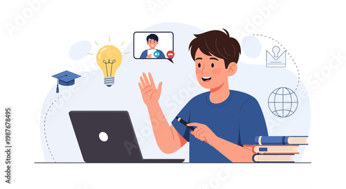 Young man learning online via video call, laptop, graduation cap, light bulb, books