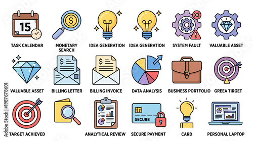 Collection of vector icons depicting business and technology concepts for productivity and data management.