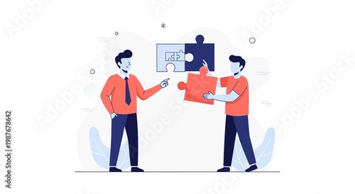 Two businessmen connecting puzzle pieces, teamwork and collaboration concept