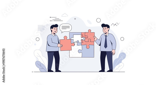 Two businessmen assembling puzzle pieces, teamwork, strategy, business solutions concept
