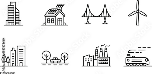 Hand drawn eco friendly city icon set with buildings, nature and renewable energy solutions, sketch style sustainable urban vector illustration collection