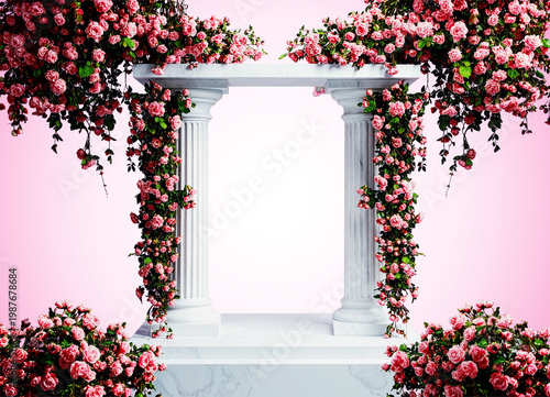 薔薇が咲き誇るロマンチックな白い柱の背景