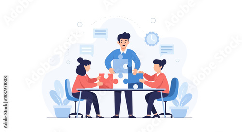 Teamwork puzzle solution, business people collaborating to solve problems, strategy and success