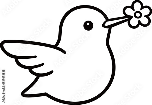 Simple line drawing of a bird holding a flower in its beak