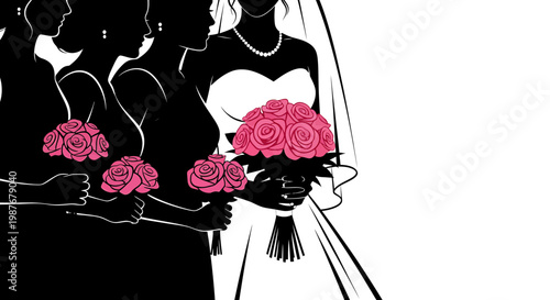 Bride and Bridesmaids Silhouette Illustration with Pink Rose Bouquets