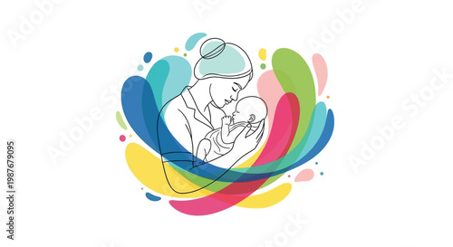A line-art illustration celebrates International Midwives' Day, showing a midwife gently holding a newborn baby against a white backdrop with vibrant, flowing colors, symbolizing the beauty