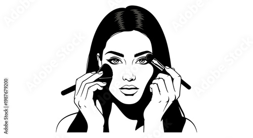 Beautiful woman applying makeup with brushes vector illustration