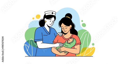 An illustration shows a midwife gently caring for a newborn baby held by its mother, set against a clean white background with abstract green and yellow shapes, conveying a sense of health