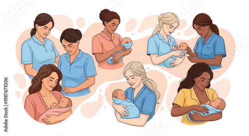 A vector illustration showcases diverse midwives tenderly caring for babies during childbirth, set against a soft, pastel-colored background, celebrating the vital role of the midwifery