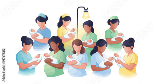 On International Midwives' Day, a flat vector illustration shows diverse midwives holding newborn babies, rendered with a soft color palette on a clean white background, highlighting