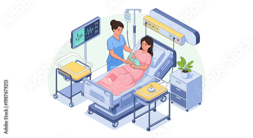 Isometric vector art celebrates International Midwives' Day, showing a midwife caring for a new mother and baby in a hospital bed, highlighting the vital role of midwives in maternal health