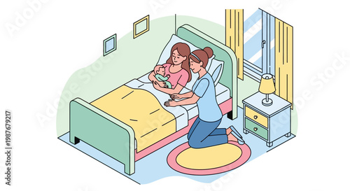 Isometric illustration celebrating International Midwives' Day, showing a midwife character assisting a new mother holding her baby in a hospital bed, conveying care and health in a bright