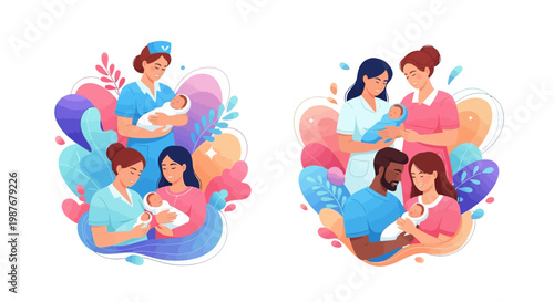 Vector art celebrating the midwifery profession showcases diverse characters holding newborns, rendered in a cartoon style with soft gradients and pastel colors against a clean white
