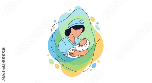 Stylized vector art celebrating International Midwives' Day depicts a midwife tenderly cradling a newborn baby against an abstract background with flowing green and blue shapes