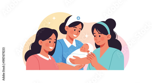 Cheerful vector illustration celebrating International Midwives' Day, portraying two smiling women flanking a midwife gently holding a newborn baby, set against a clean white background