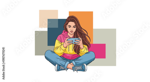 Teenage girl playing mobile game, sitting cross-legged, colorful background