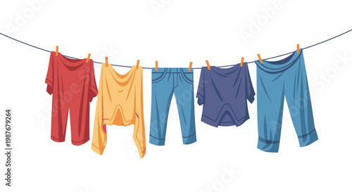 Colorful Clothes Drying on Clothesline Vector Illustration